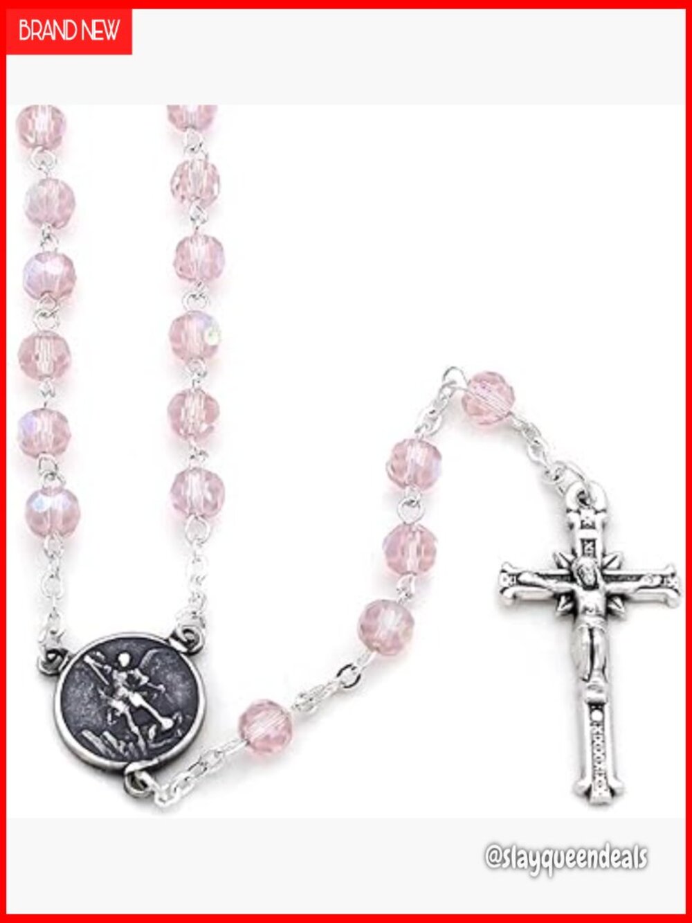 St Michael Rosary Necklace Crystal Beads Nickel Crucifix Italy